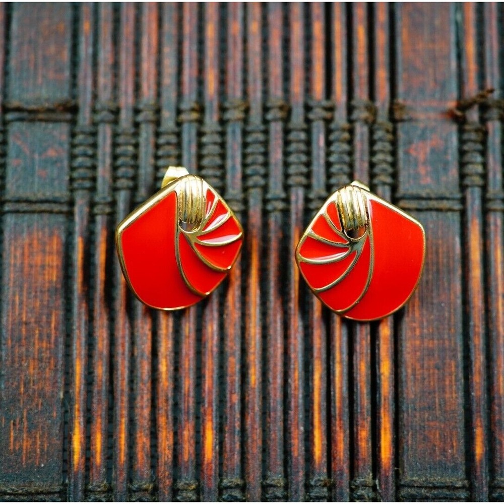 TRIFARI Gold Tone with Red Enamel Pierced Earrings with  New Post Backs